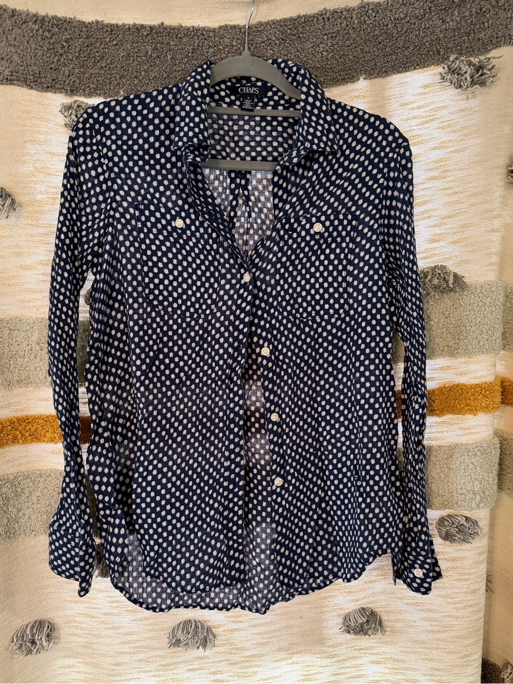 Chaps Navy Polka Dot Button-Up Blouse - Medium